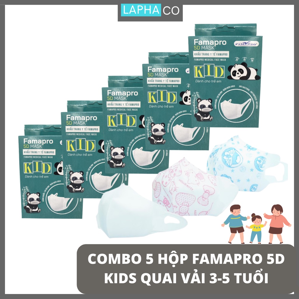 Combo 5 hộp khẩu trang y tế trẻ em kháng khuẩn 3 lớp Famapro 5D Mask kid quai vải