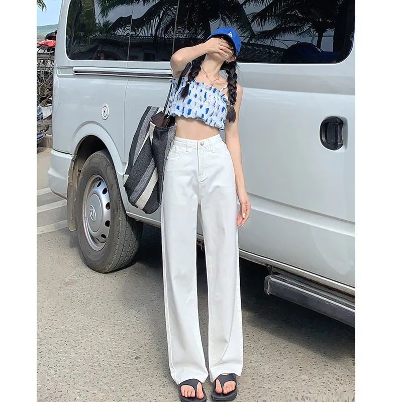 Jiashucheng Quần Jean Dài Lưng Cao Ống Rộng Dáng Suông Màu Hồng Cho Nữ