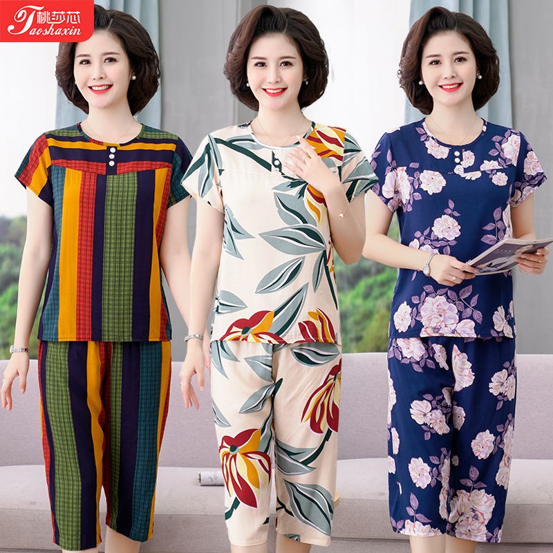 Bộ đồ ngủ mặc nhà bằng lụa cotton cỡ lớn cho người tuổi và ngắn tay nữ hai mảnh mỏng manhMM