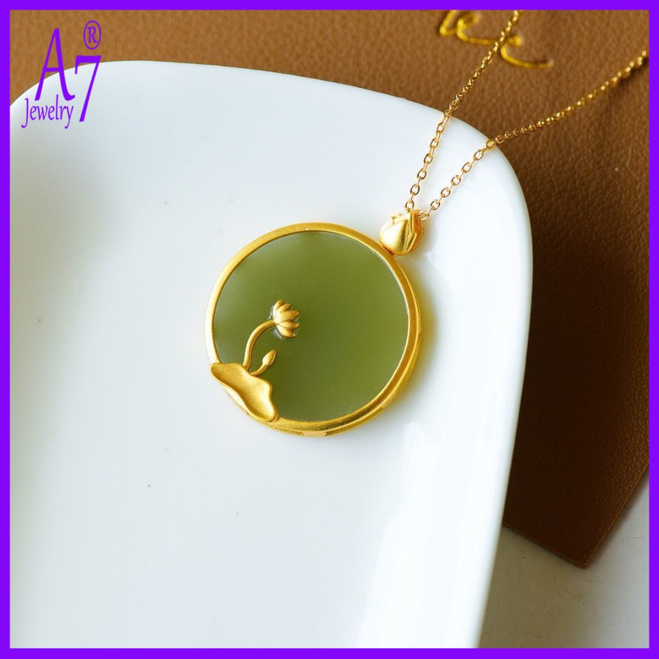 Dây Chuyền Mặt Tròn Hình Hoa Sen Đính Ngọc Bích Phong Cách Trung Hoa Cổ Điển S925