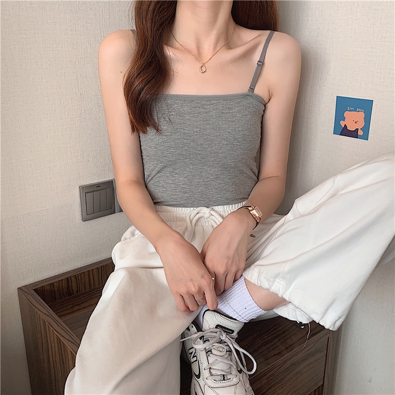 Áo hai dây nữ chất thun bozzip ôm MADELAdày dặn dây có thể điều chỉnh, Áo 2 dây nữ dài 32cm Freesize &lt;55kg