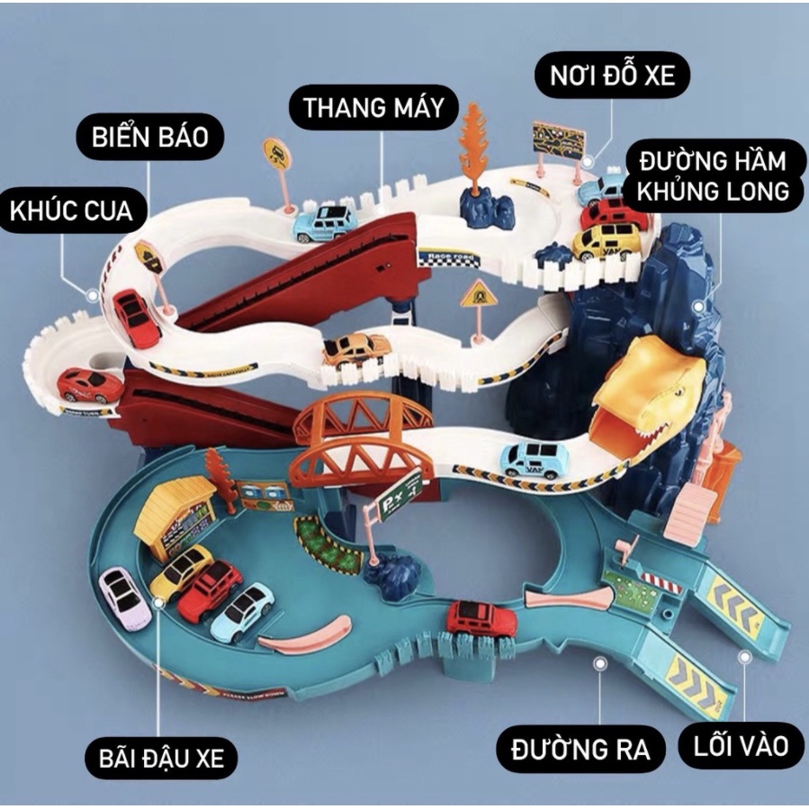 Đường hầm khủng long lắp ráp kèm nhiều ô tô chạy tự động, đồ chơi đường đua sáng tạo có nhạc đèn vui nhộn trẻ em