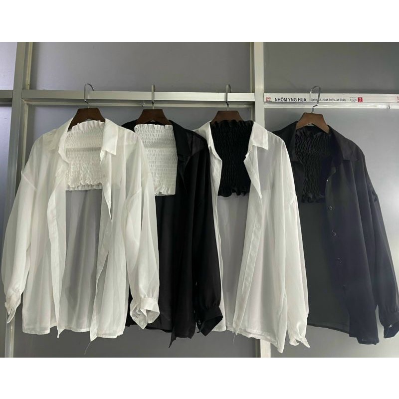 🍒🍒SÉT ÁO ỐNG NHÚN KÈM ÁO KHOÁT SƠ MI🍑