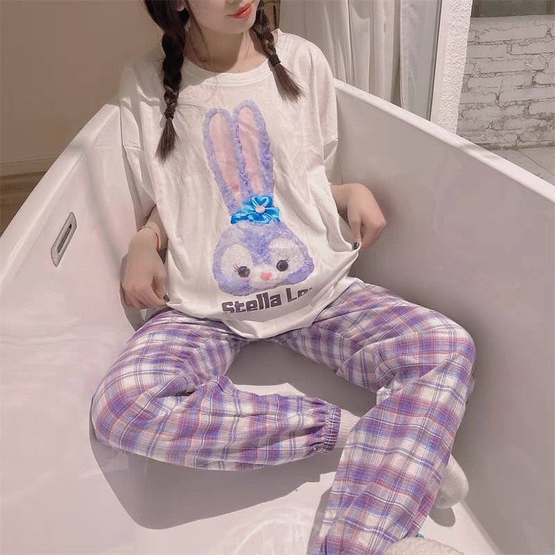 Bộ đồ ngủ tay ngắn cổ tròn kẻ caro phong cách Hàn Quốc thoải mái cho nữ | BigBuy360 - bigbuy360.vn