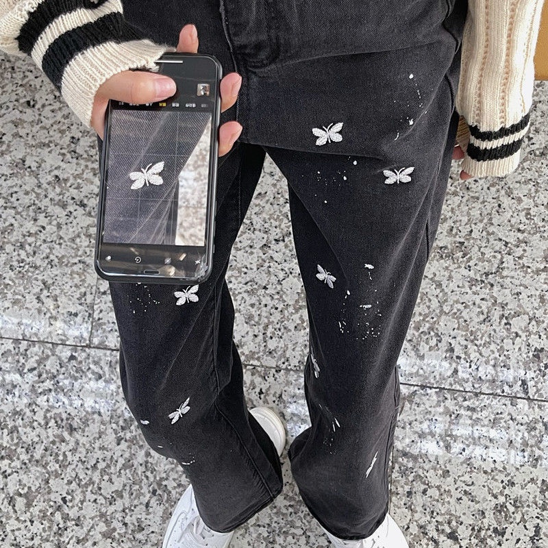 2022 Spring and Autumn new butterfly embroidered splash-ink jeans women's all-match loose high waist straight slimming