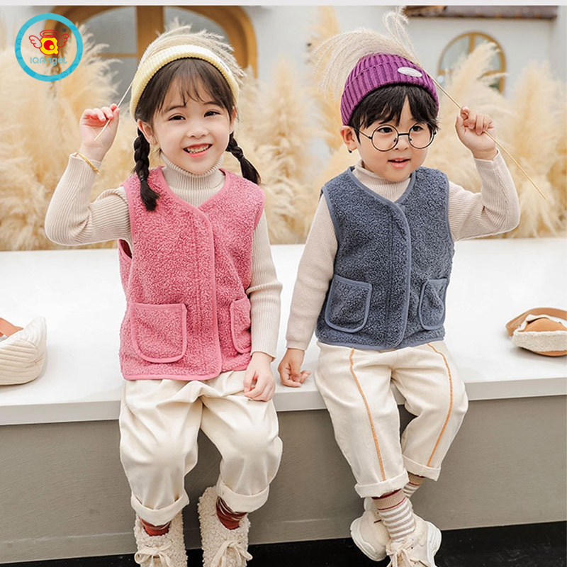 Áo khoác lông cừu IQ ANGEL không tay hai mặt giữ ấm phong cách mới dành cho bé trai bé gái