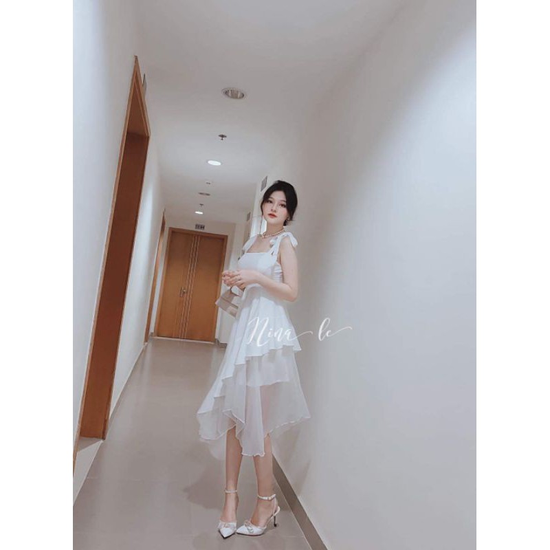 Váy trắng dự tiệc 2s thắt nơ vạt chéo phối voan sheer sang chảnh nina lê