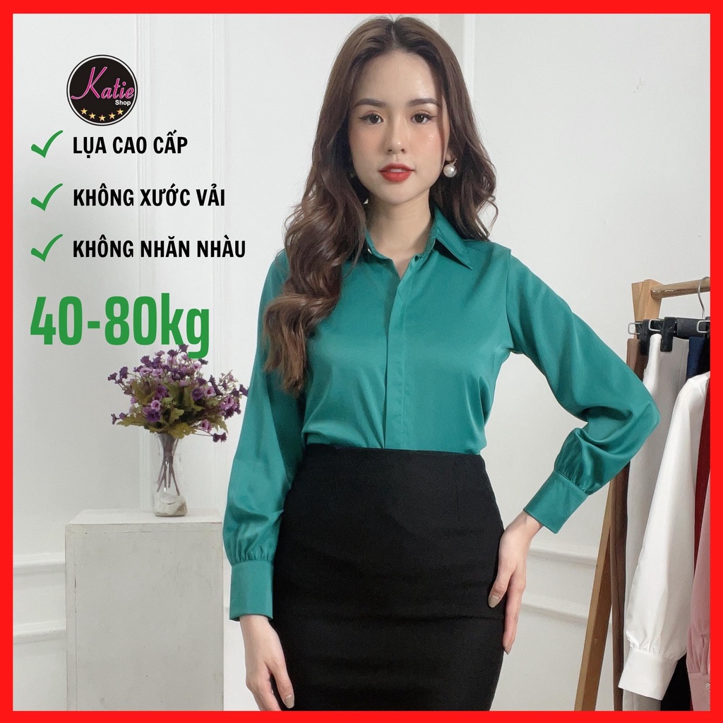 Áo Sơ Mi Nữ Màu Xanh Katie Sơ Mi Tay Dài Chất Áo Lụa Ngọc Trai Cao Cấp Nhiều Màu Sang Trọng Mềm Mịn Không Nhăn Al