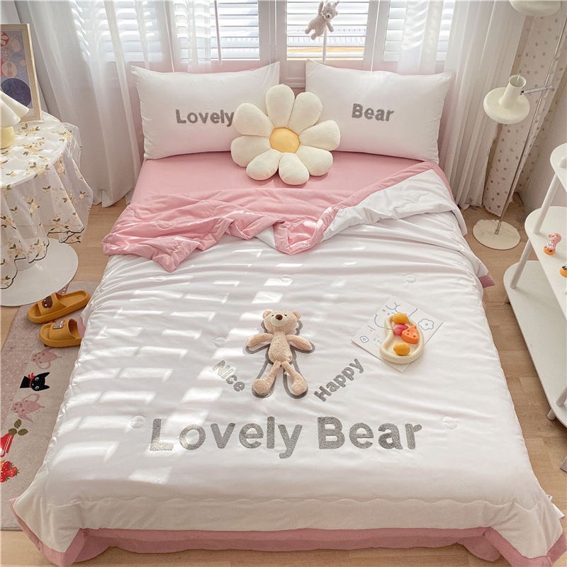 Set Chăn Ga Cotton Đũi Đính Gấu Dễ Thương,Nhiều Màu Sắc ( Chăn chần bỏng mỏng) - shinbedding