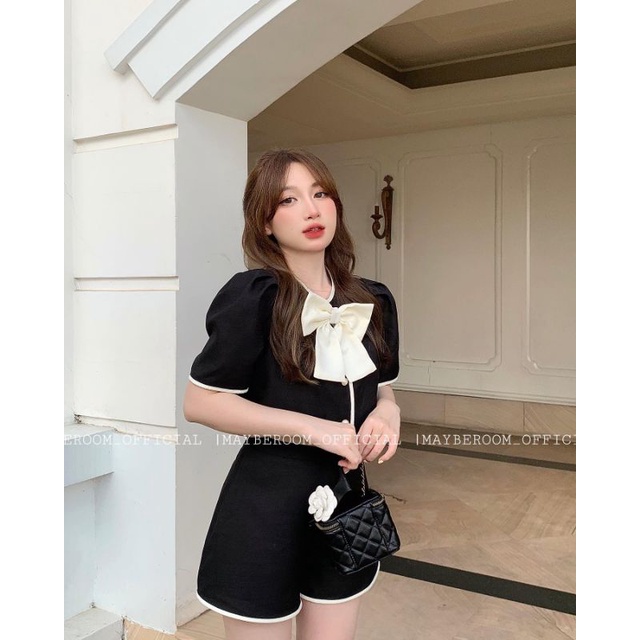 Set áo cổ V nơ to ngực phối viền + Quần short basic Mayberoom