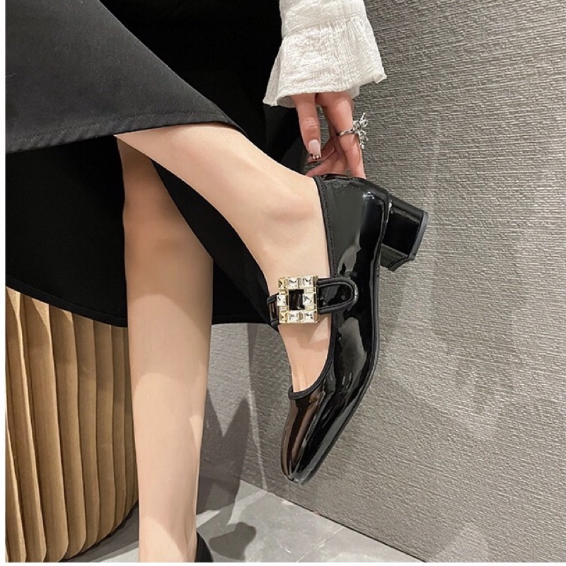 Giày búp bê cho nữ khuy đá mũi vuông đế cao 4cm