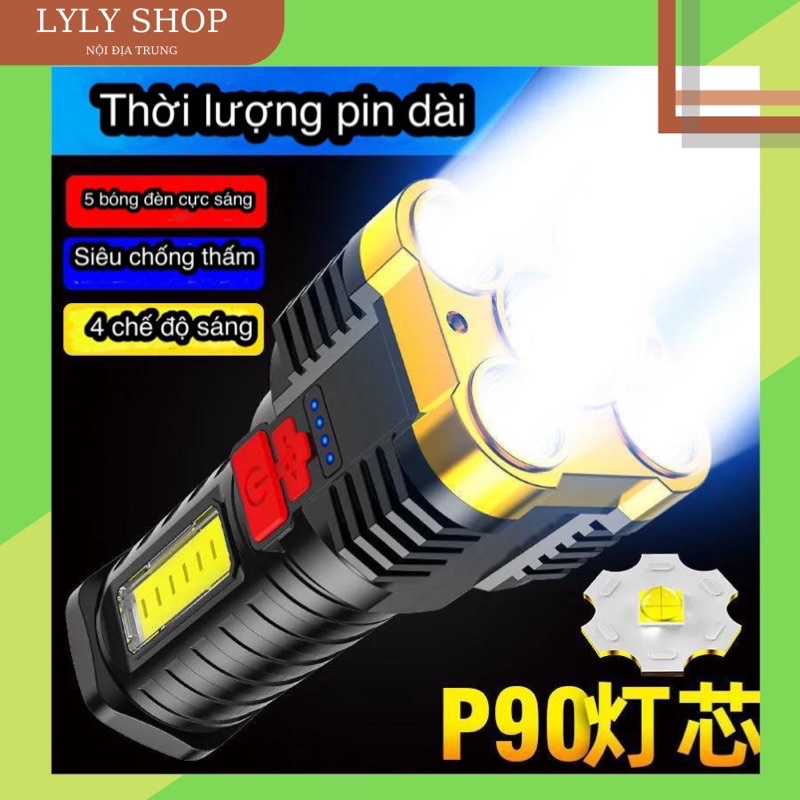 Đèn Pin Siêu Sáng [BẢN NÂNG CẤP 5 BÓNG] Cầm Tay, Chiếu Cực Xa, Chống Thấm Nước Công Suất 300m