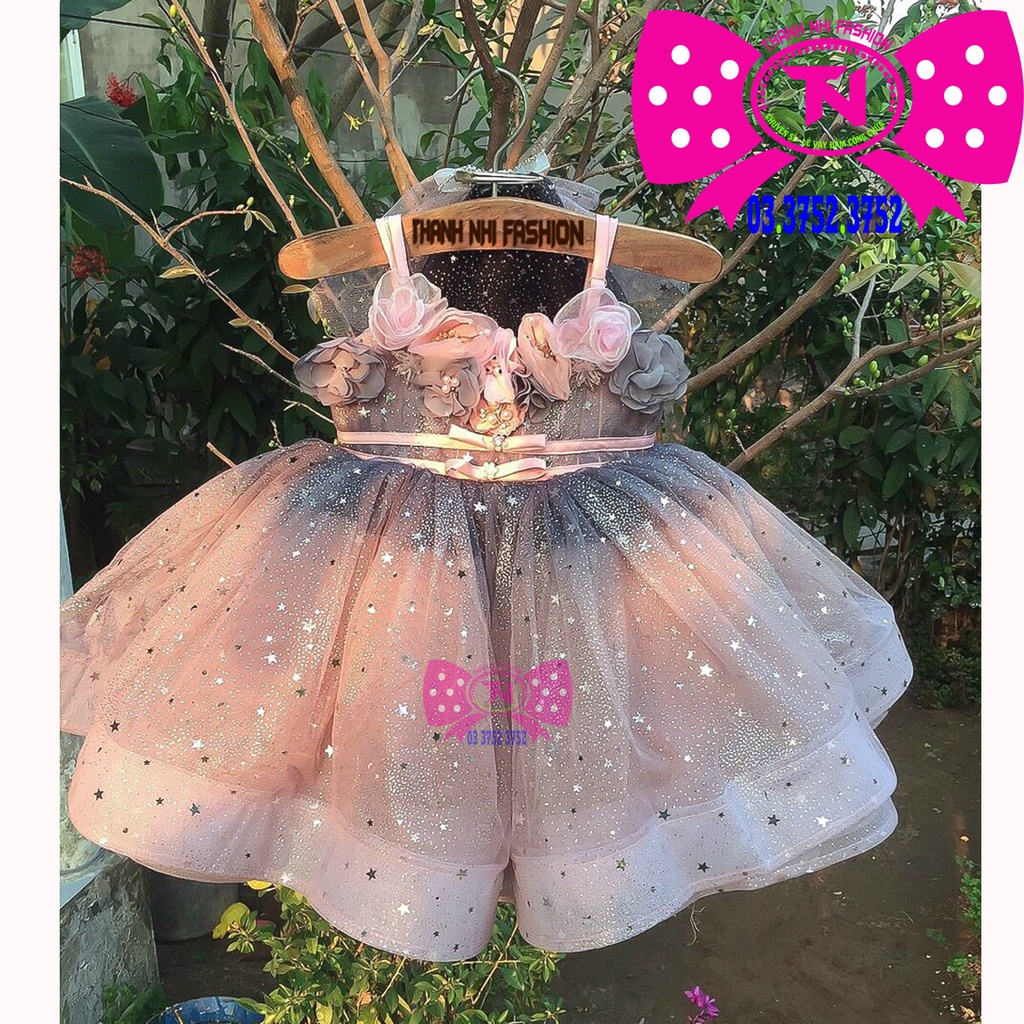 Váy Bé Gái Hồng Loang Đen kim sa ngôi sao lấp lánh lung linh - Hàng Thiết kế cao cấp - Thanh Nhi Fashion TN342022006