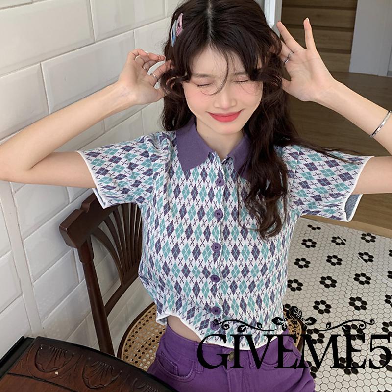 Áo Thun Dệt Kim Ngắn Tay Cổ Bẻ Màu Sắc Tương Phản Phối Nút Họa Tiết Hình Thoi Cổ Điển Cho Nữ