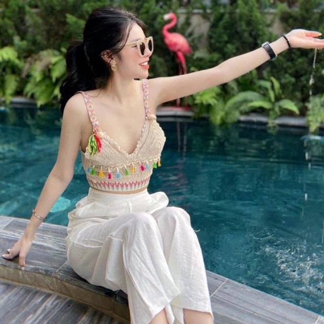 Áo hai dây ren thổ cẩm tua rua sexy siêu đẹp hxt