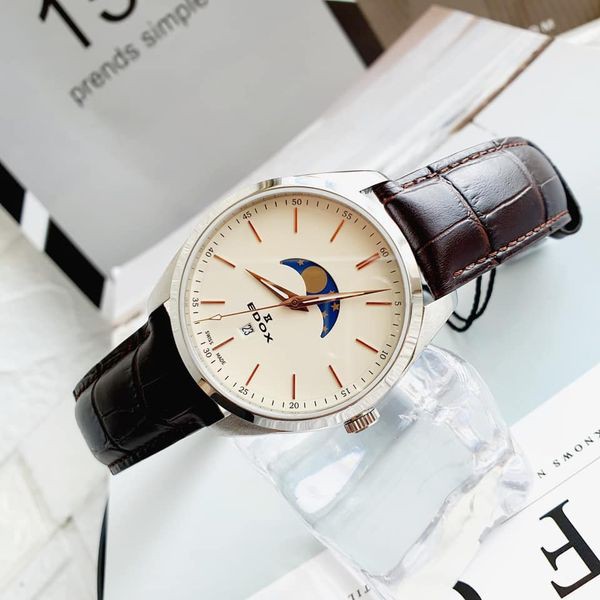 Đồng hồ nam Edox 79018-3-BEIR Swiss Made, kính Sapphire chống trầy, lịch Moonphase, dây da, case 42mm