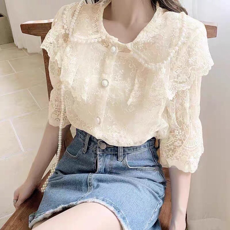 ÁO KIỂU NỮ 🎀 HOẠ TIẾT REN CỔ SEN VIỀN NGỌC TRAI GIẢ 🎀 PHONG CÁCH TIỂU THƯ NHẸ NHÀNG DỄ THƯƠNG
