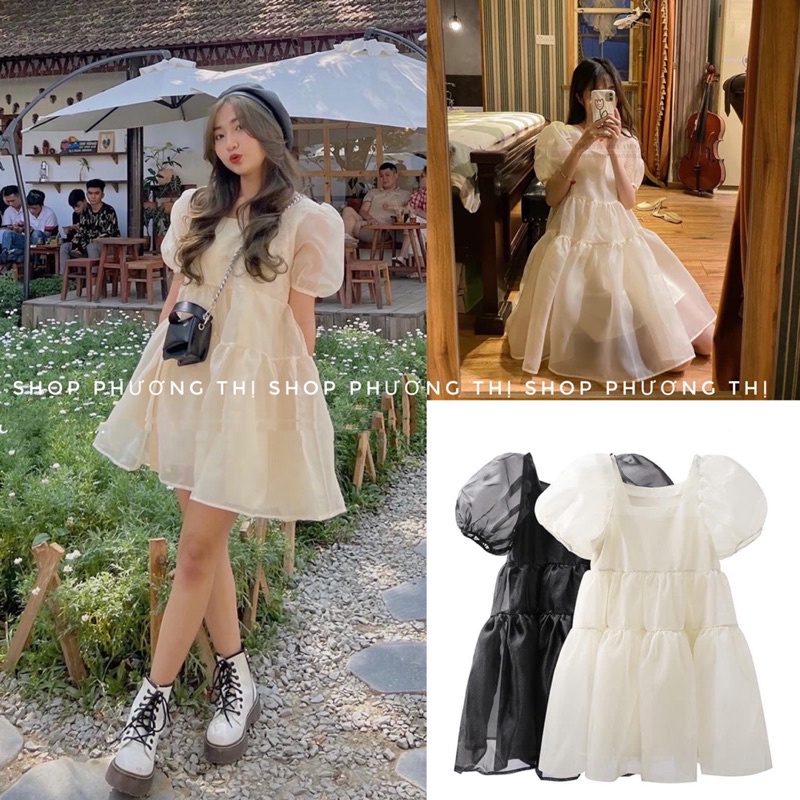 Đầm babydoll tơ 2 lớp tiểu thư màu Be/Đen (hàng sẵn)