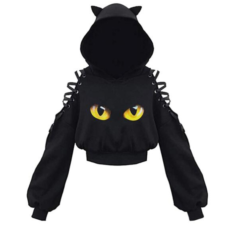 Áo Hoodie Có Dây Buộc Dáng Rộng Tay Dài Khoét Rỗng Hở Vai In Hình Tai Mèo Dễ Thương Phong Cách Harajuku Cho Nữ