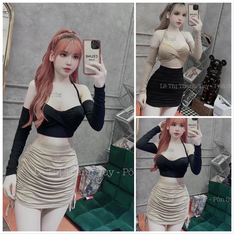 Set Áo Trể Vai Kèm Chân Váy thun borip