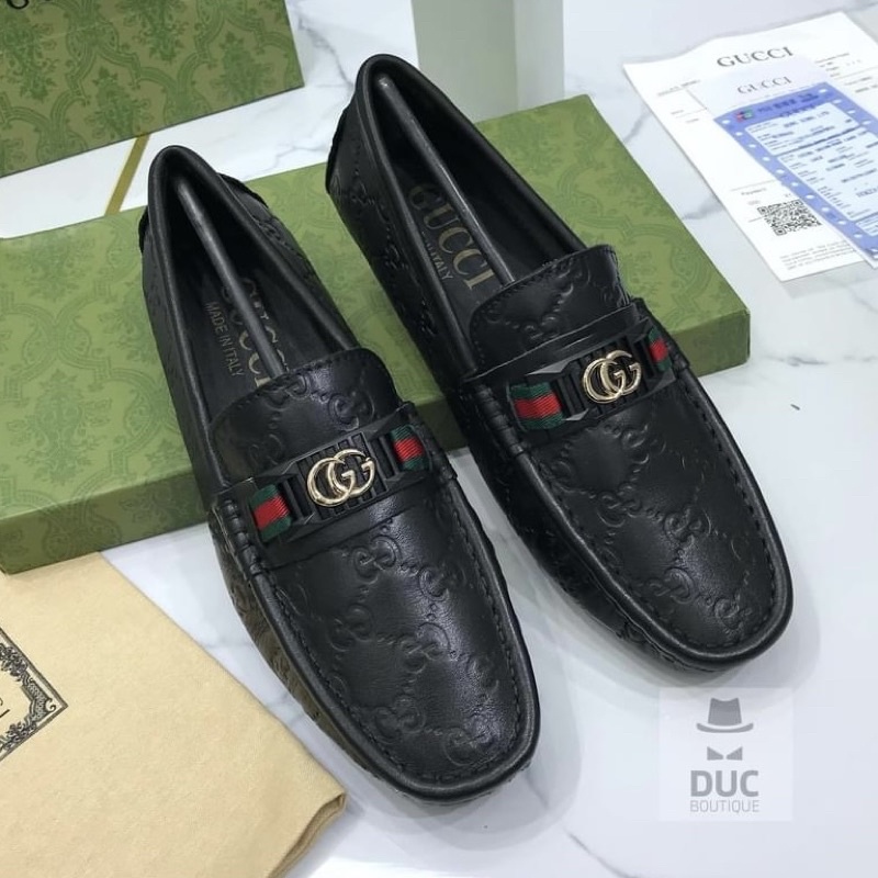 Giầy lười mọi khâu xanh đỏ da sần có logo mới đen kèm video