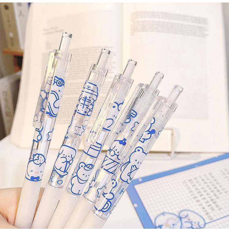 Bút Gel Nước, Bút Bi Bấm Trong Suốt Mực Đen HynBee Họa Tiết Gấu Trắng Cute Dễ Thương