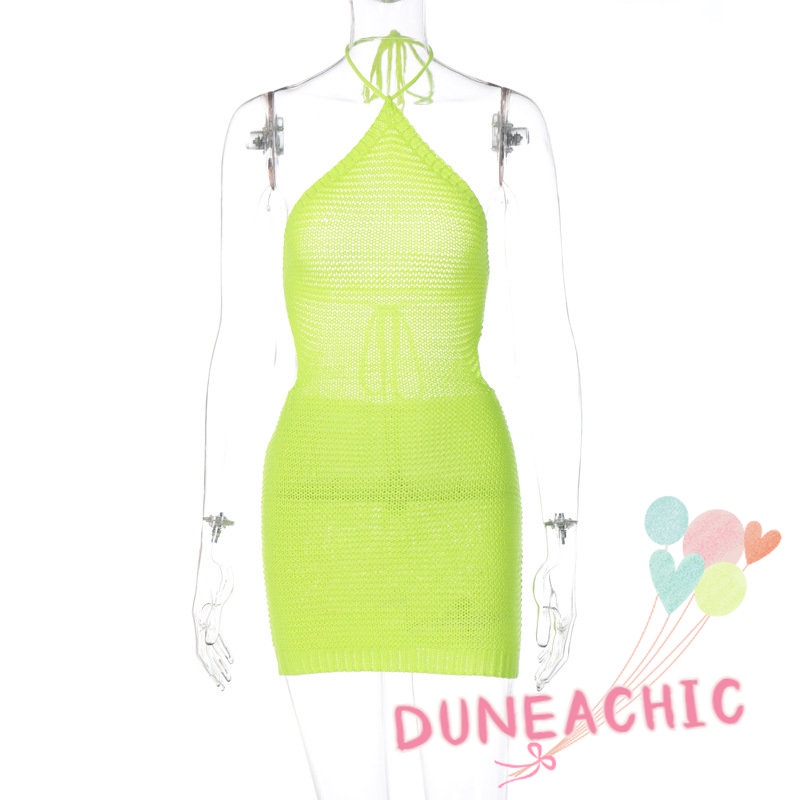 DUNEA Đầm body dệt kim màu trơn thiết kế hở lưng quyến rũ