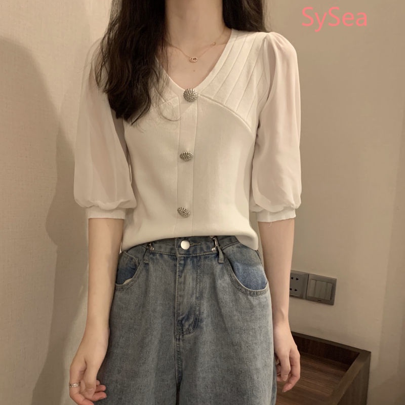 Áo Dệt Kim Phối Ren Thời Trang Mùa Hè Pháp Cho Nữ