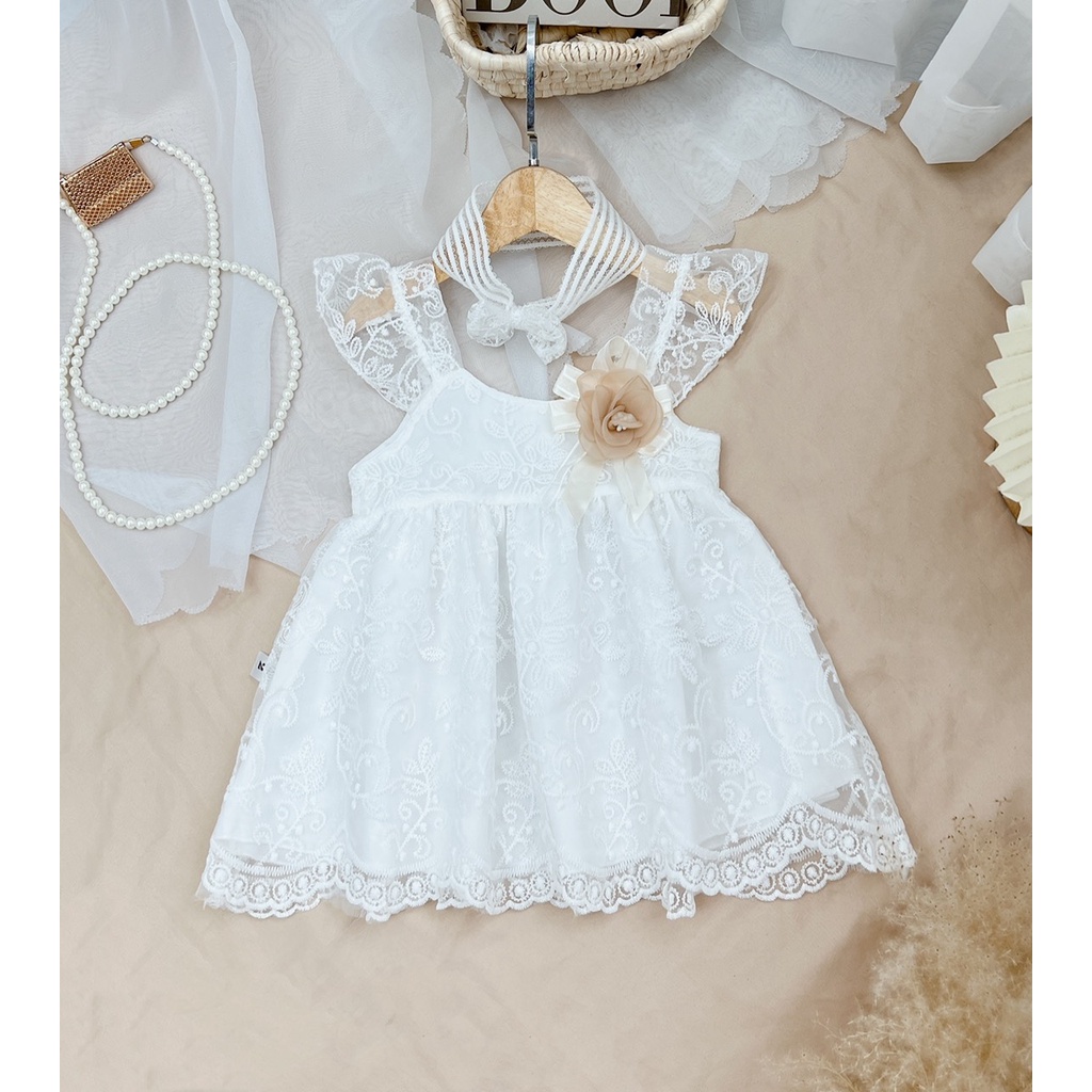 Váy công chúa bé gái, váy ren Hàn cao cấp có lớp lót lụa mềm bên trong kèm turban cho bé