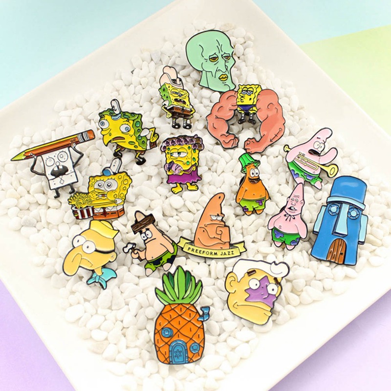 Nuserw GDHY SpongeBob Anime Series Brooch 16 Styles Sponge Bob Enamel Pins Sea Stars Barnacle Boy Pineapple House For Kids Button Badge-in Brooches From Jewelry &amp; Accessorie