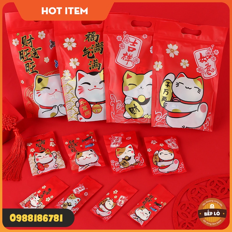 Túi Zip Tết - Túi Kẹo Nougat Tết - Túi Bánh Quy Tết -Túi Dây Rút Mèo May Mắn - Túi Đựng Bánh Kẹo
