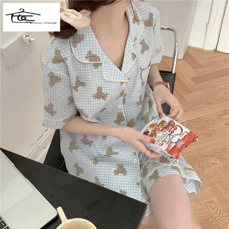 Bộ Đồ Ngủ Tay Ngắn Họa Tiết Sọc Caro In Hình Gấu Dễ Thương Phong Cách Nhật Bản Cho Nữ
