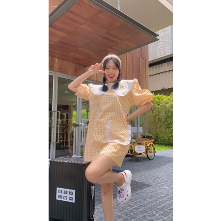 Đầm babydoll caro tay phồng Thailand