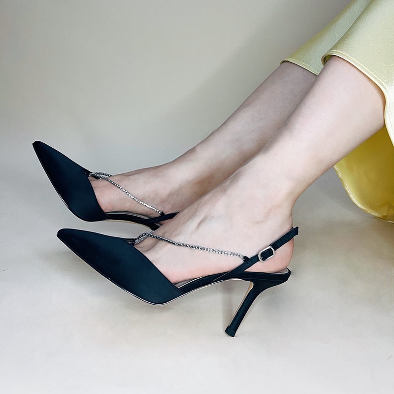 Giày Sandal Cao Gót Phối Dây Xích Đính Đá Phong Cách ck Thời Trang Mùa Hè Dành Cho Nữ~2022