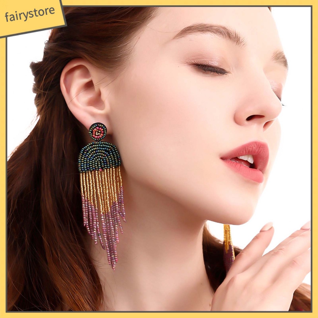 Bông tai dáng dài đính hạt lấp lánh không gây dị ứng phong cách Bohemian cho nữ