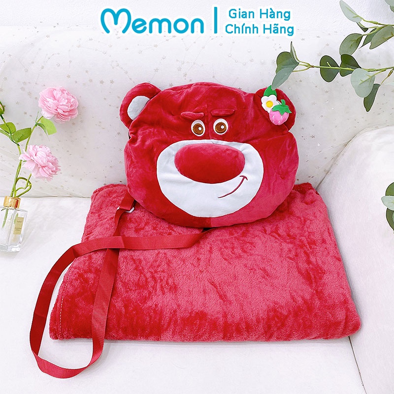 Gối Chăn Mền Gấu Lotso Huggin Bear Tai Dâu Có Dây Đeo Cao Cấp Memon
