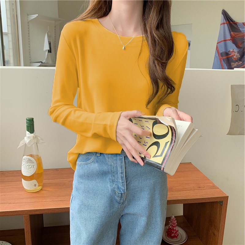 SUXI Áo thun dài tay cổ tròn thiết kế mới thời trang theo phong cách hàn quốc cho nữ