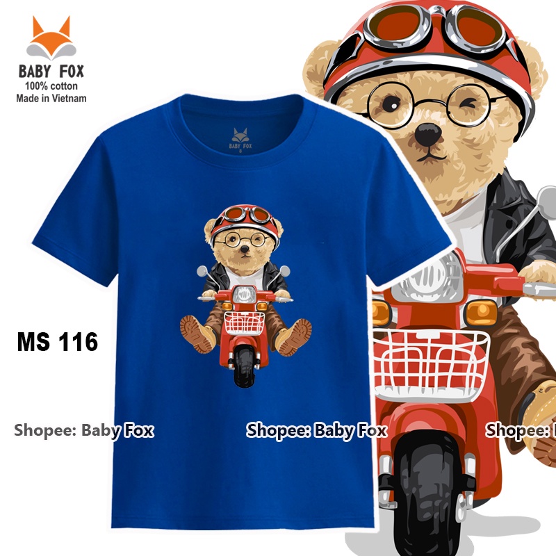 Áo thun bé trai 100% cotton loại tốt, áo phông thương hiệu BABY FOX, in hình gấu, size nhỏ, trung, đại  a