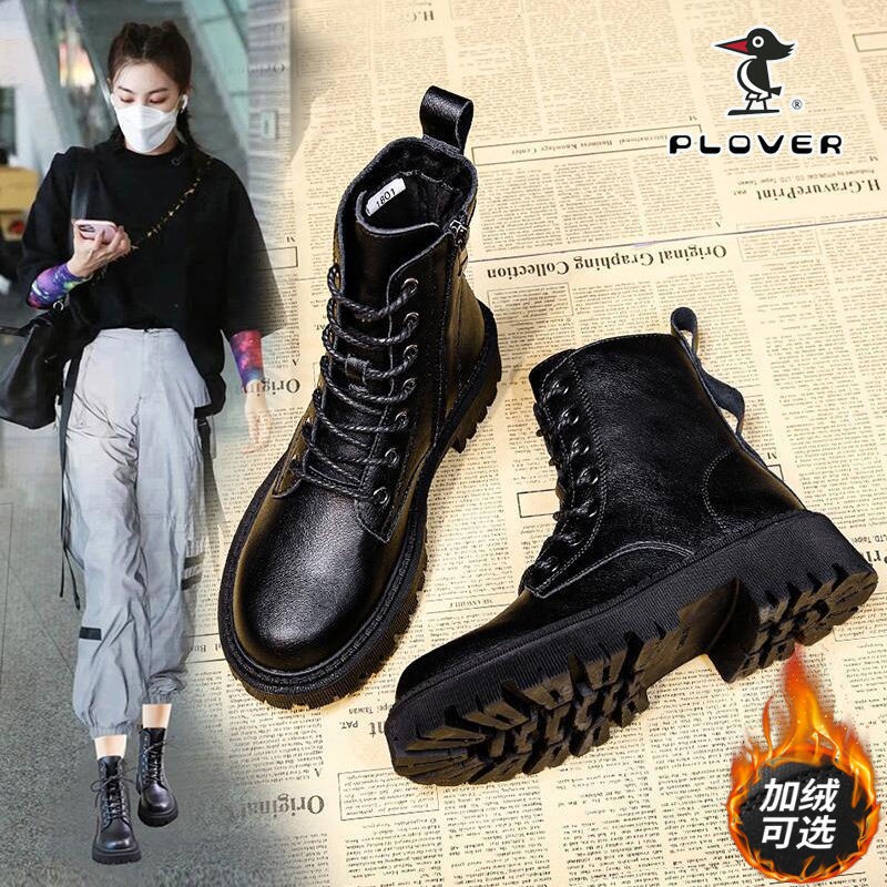 PLOVER Chim gõ kiến ​​và giày cashmere Martin giày bốt nữ đế dày mới cho mùa xuân và mùa thu giày đơn màu đen