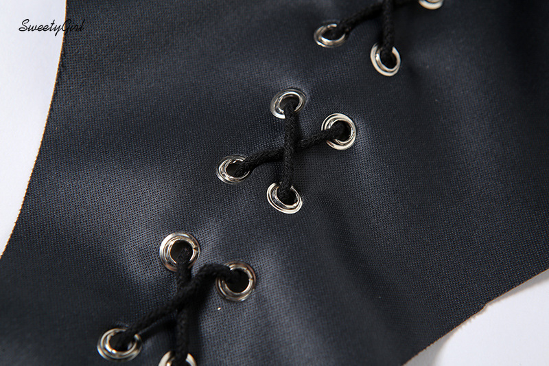 Áo Trễ Vai Không Tay Cột Dây Trước Chất Liệu Da PU Màu Trơn Thời Trang Cho Nữ