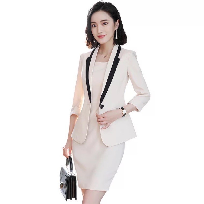 Set bộ vest công sở áo cổ viền đen đầm ôm ngang gối VH7002
