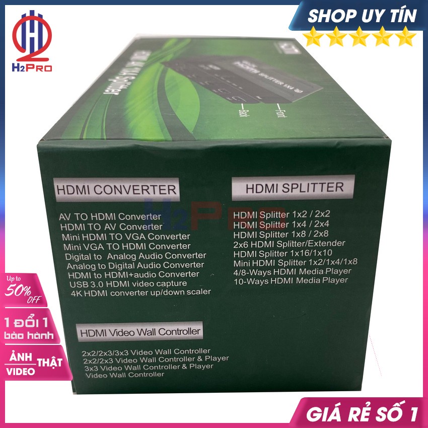 Bộ Chia HDMI Splitter 1 ra 4 H2pro cao cấp chuẩn 4K-3D-chất lượng cao chuẩn đầu vào, hàng hãng (tặng củ sạc 5V-2A 50k)