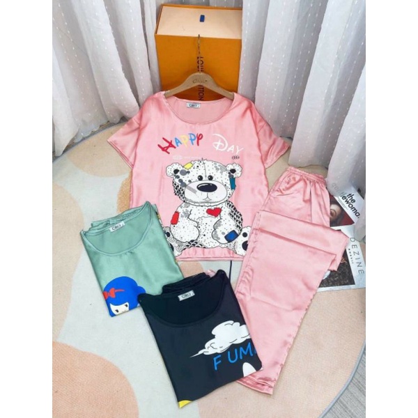 Set Bộ Satin Pijama Cổ Tròn Tay Lỡ Quần Dài Mặc Nhà Nữ