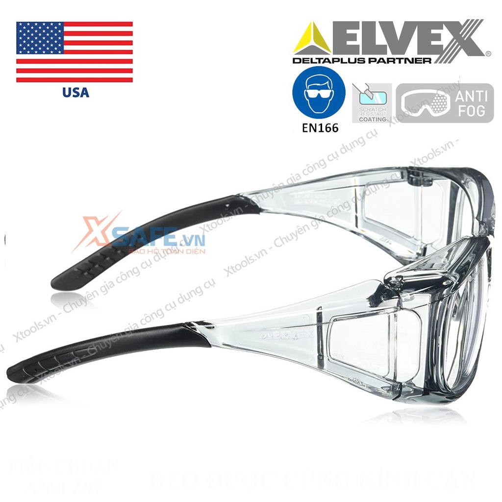 Kính bảo hộ Elvex SG37C trong suốt đeo được cùng kính cận chống tia UV, chống bụi, chắn gió, trầy xước, đọng sương