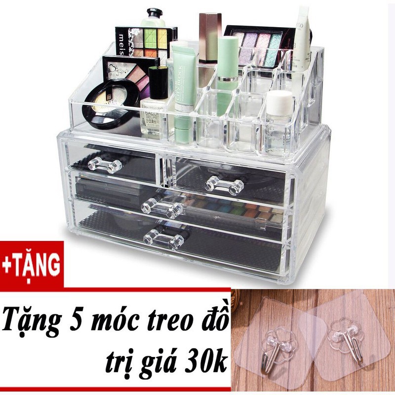 Kệ mica đựng đồ trang điểm + 5 móc dán tường