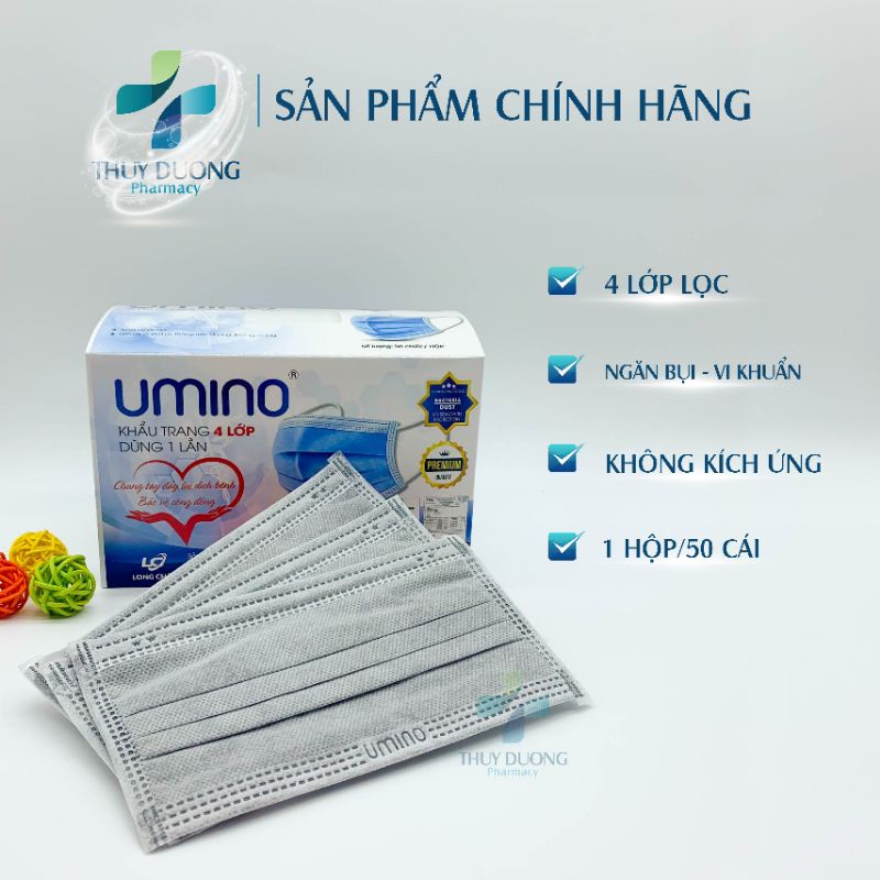 (Hộp 50 chiếc) Khẩu trang 4 lớp Umino màu xám hàng chính hãng