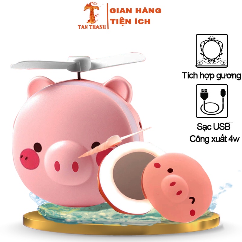 🍁Quạt Mini Cầm Tay🍁Quạt Mini Hình Con Lợn Có Gương Đèn sạc USB Gương kèm quạt có đèn led kute🍁
