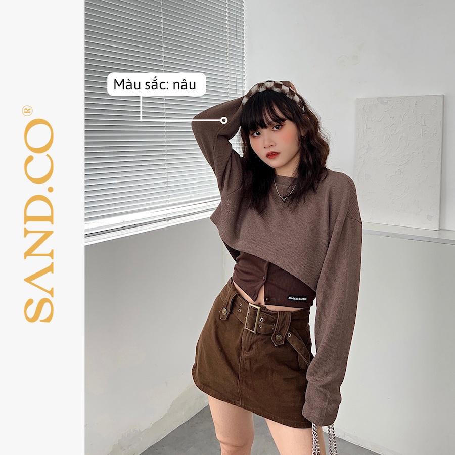SAND set áo croptop tay dài gồm áo hai dây thun gân và áo ngoài len mỏng - MÁDE SET