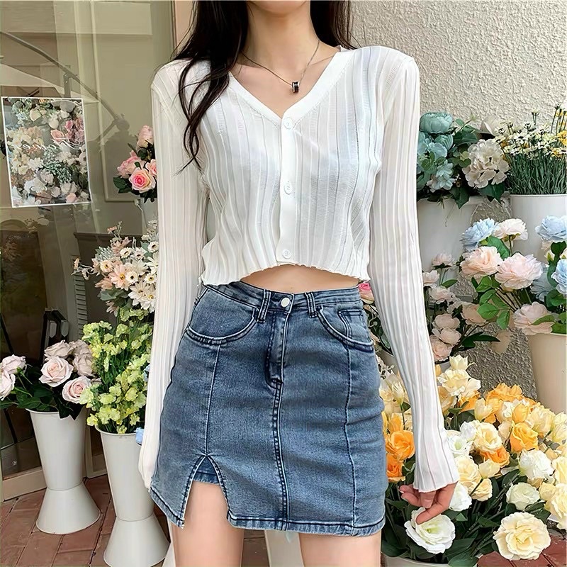 Áo cadigan len mỏng cài khuy dáng croptop cài cúc AL7025 - NhiNhi Shop
