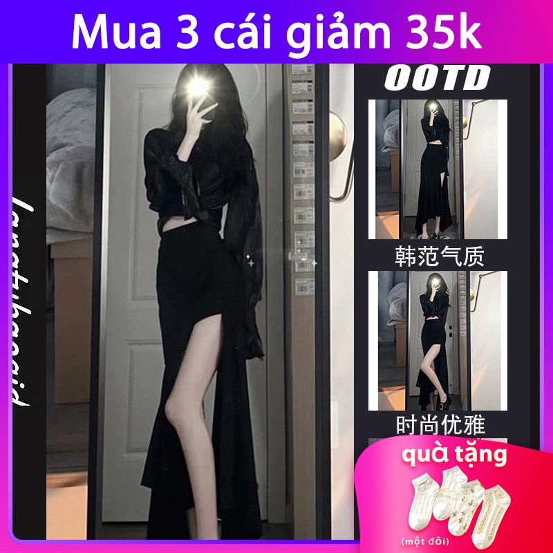 Bộ áo sơ mi tay loe+chân váy lưng cao màu đen thời trang cho nữ có bán lẻ